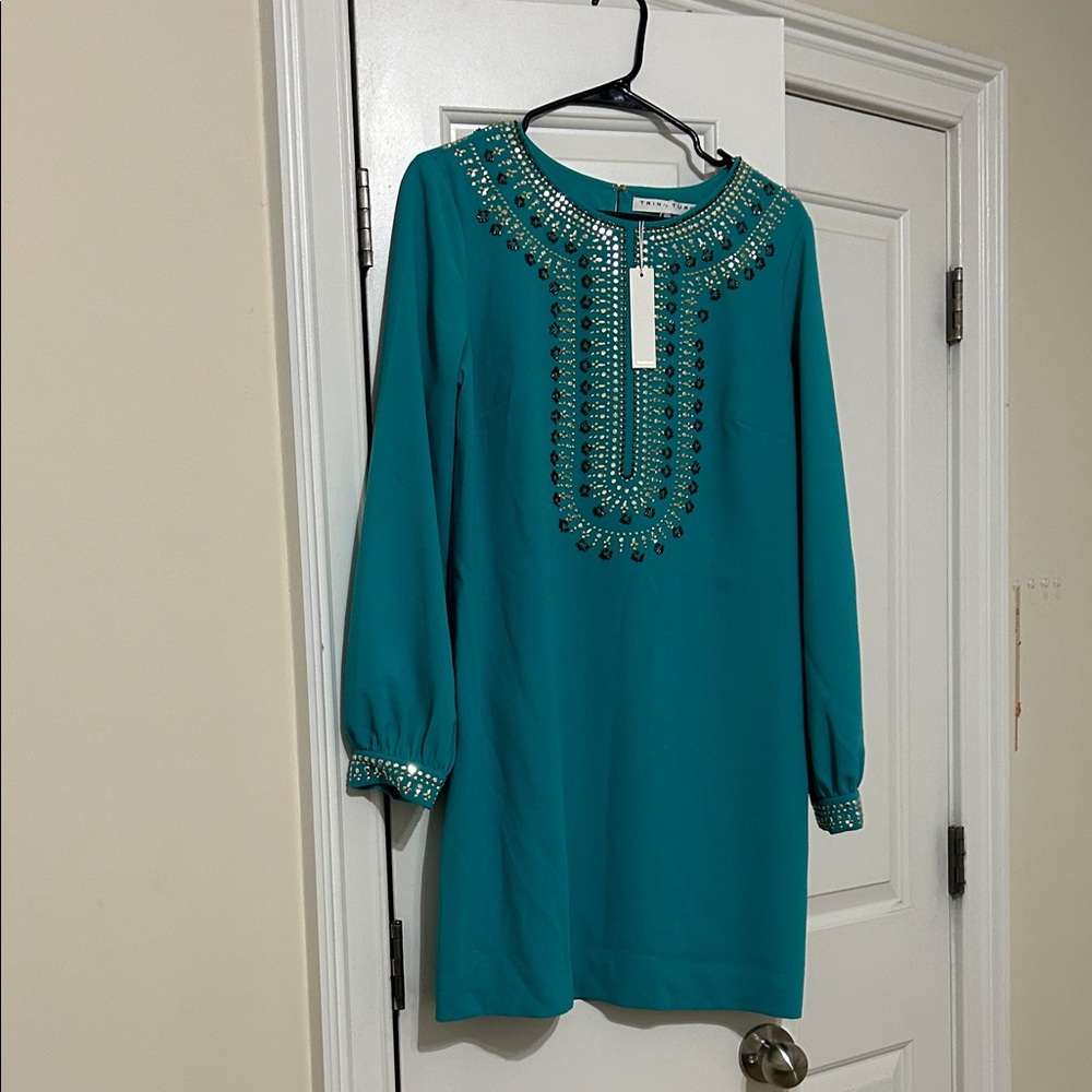 Trina Turk Teal Long Sleeve Dress with Embellishments